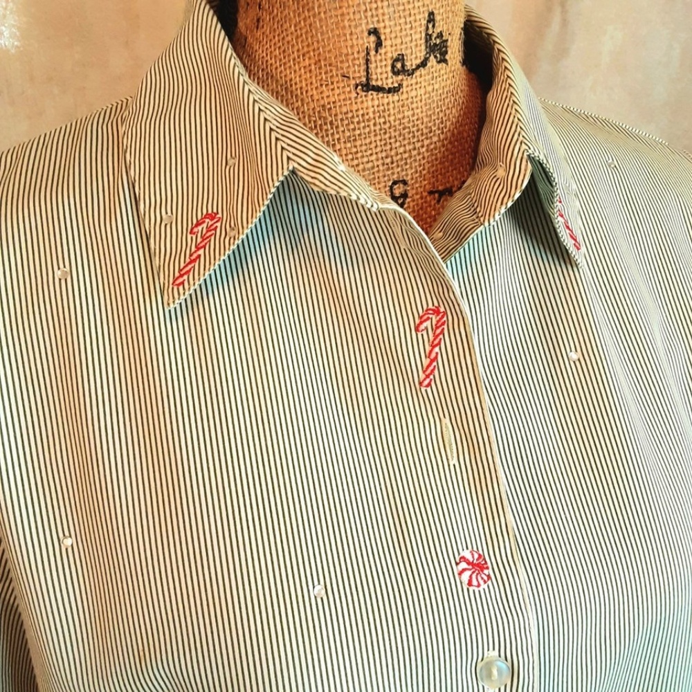 Christmas Button Up Shirt Green White Pinstripe, Candy Canes & Rhinestones Sz 8
